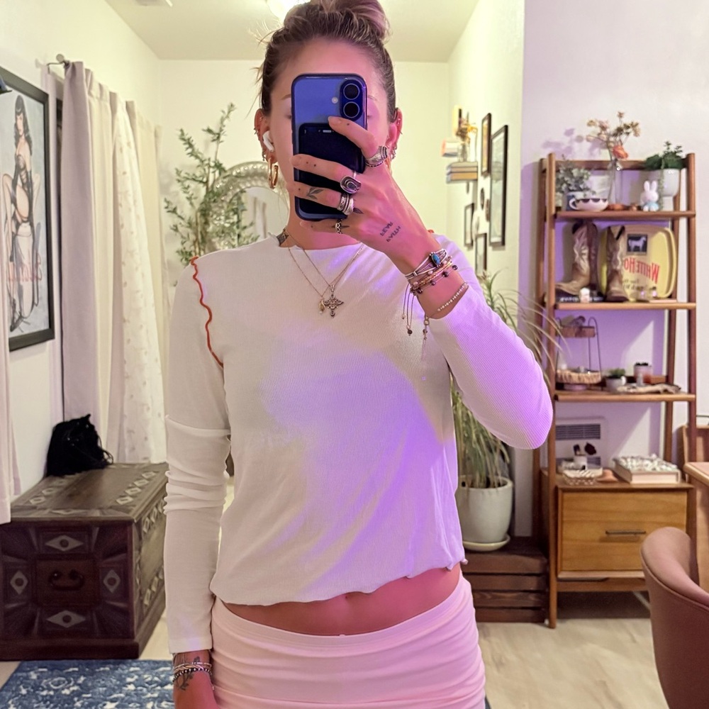 Madewell White Long Sleeve Top with Red Trim
